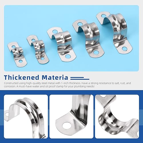 Miniatura 5 de Glarks 50 abrazaderas de correa de tubo M8, correa de acero inoxidable 304 de 2 agujeros, correa rígida de alta resistencia, soporte en U,