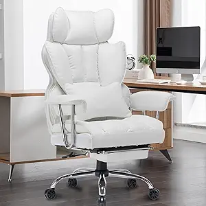 Efomao Big and Tall Office Chair 400lbs – High Back PU Leather Executive Chair with Lumbar Support, Footrest, Swivel Base, Padded Armrests, and Rolling Wheels for Home Office, White Computer Chair