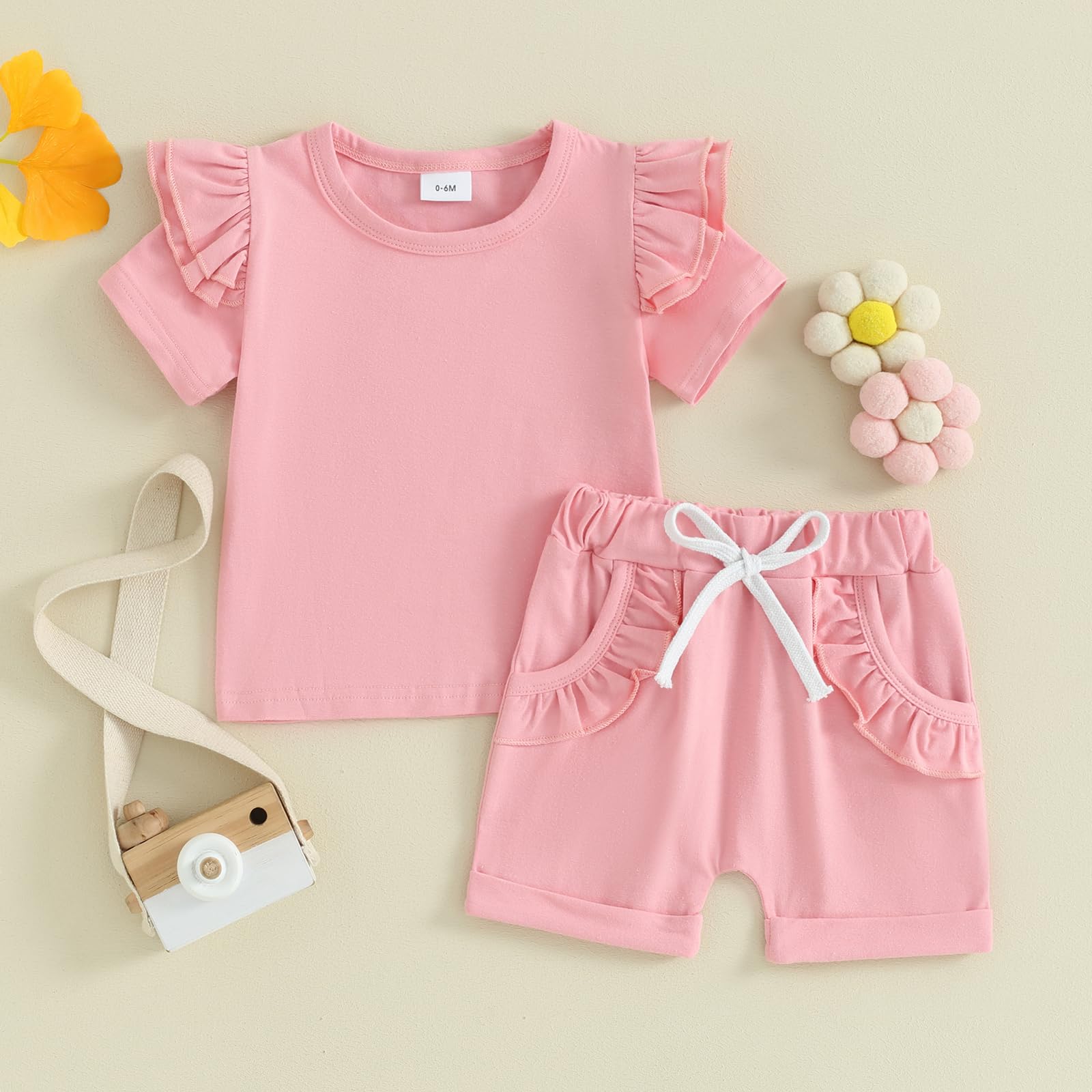 Toddler Baby Girls Summer Outfits Ruffle Short Sleeve T-Shirt Top Elastic Waist Shorts 2pcs Infant Clothes Set (Pink, 18-24 Months)