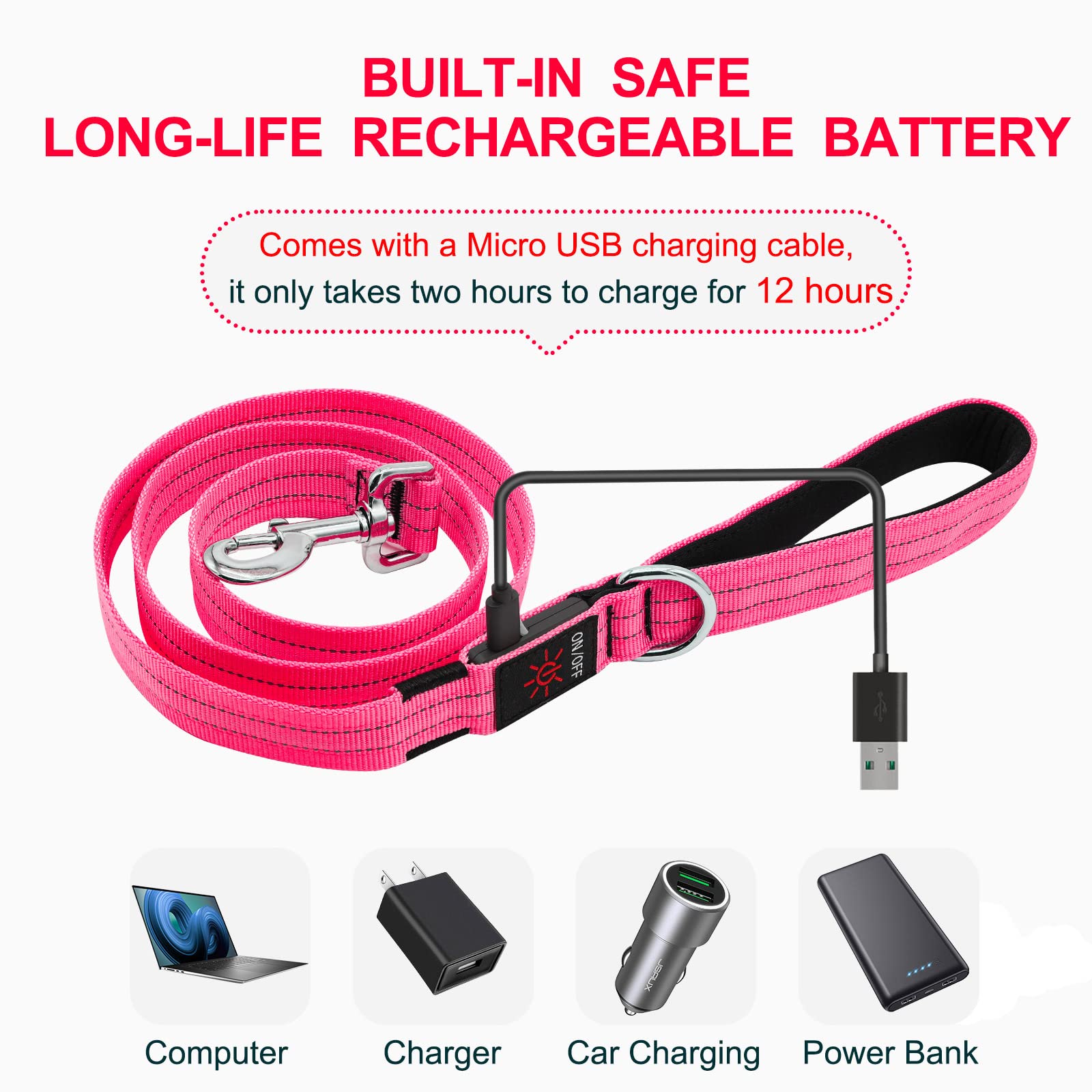 Guinzaglio per cani a led grande, leggero, impermeabile, resistente guinzaglio riflettente in nylon con luce per passeggiate notturne, 4 m di sicurezza Glow in the Dark Guinzagli per cani rosa