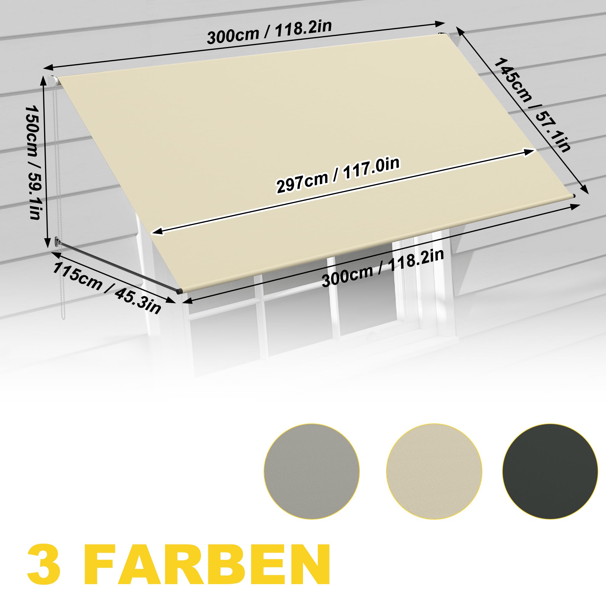 FIVMEN Toldo de brazo plegable retráctil con cordón y barra de soporte de aluminio, toldo para balcón, toldo solar, protección solar para ventanas, terraza, balcón, 300 x 145 cm, beige