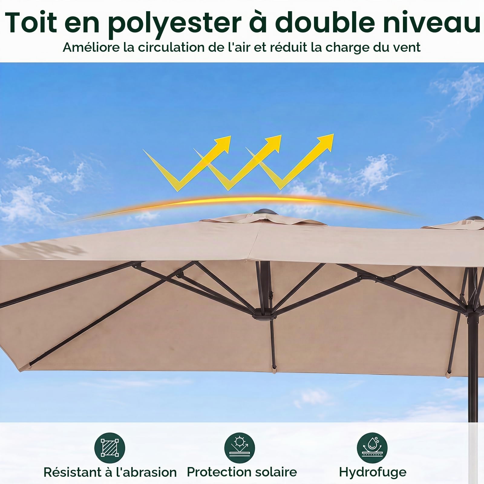 GOPLUS Parasol de Jardin Exterieur 4,3X2,7M, Grand Parasol Rectangulaire Double pour 6-8 Personnes avec Manivelle, 12 Baleines, Protection Solaire, pour Terrasse Marché Fête Plage (Marron)
