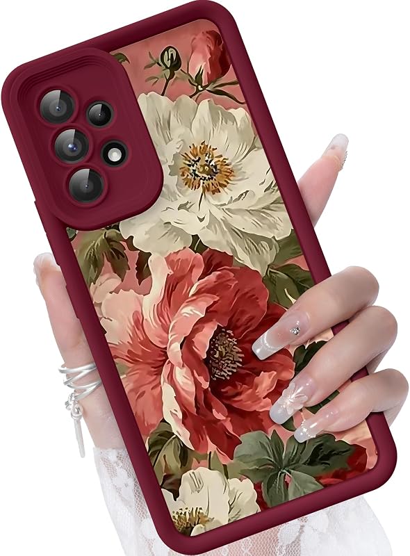 for Samsung Galaxy A53 5G Case, Creative Flower Pattern Design Girls Women Liquid Silicone Cover, Thicker Frame Shockproof and Scratch-Resistant Soft Case for Samsung A53 - Floral Crimson