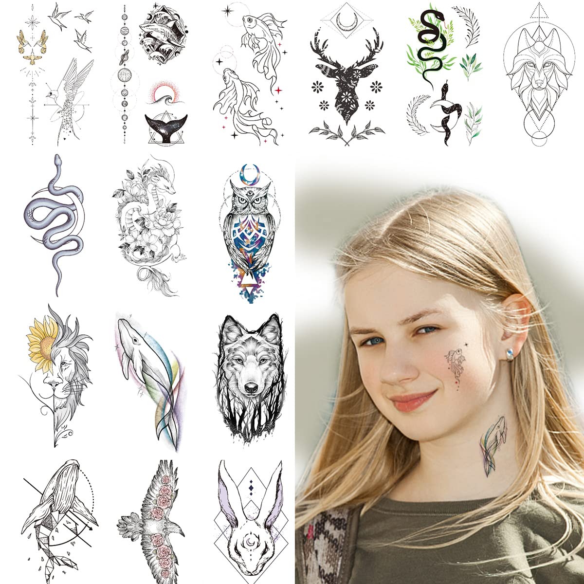 VIWIEU Small Realistic Animal Temporary Tattoos for Women and Men 15 Pack, Cool Body Decor Gift for Holiday/Halloween/Wedding/Christmas - Bird, Wolf, Tiger, Lion, Eagle, Dragon, Whale, Snake Styles