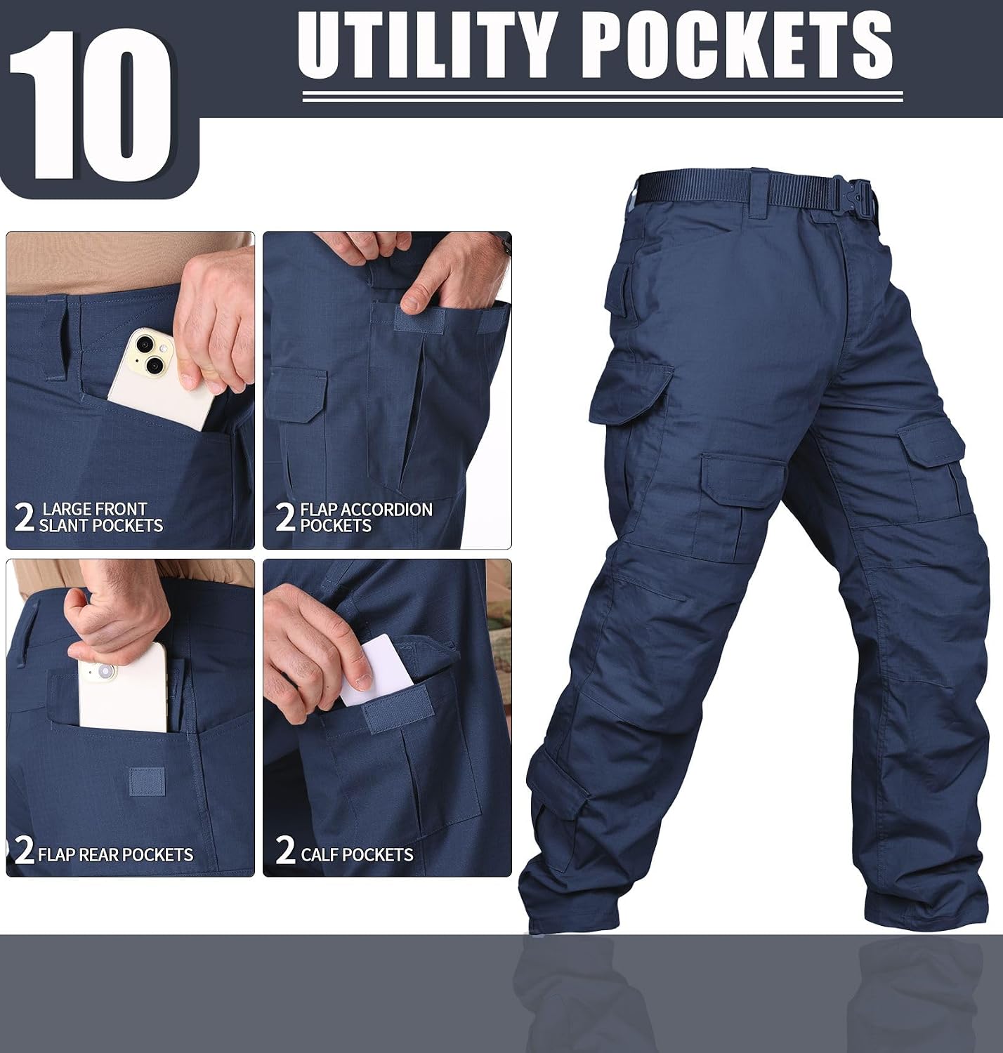 Men's Hiking Pants Water Resistant Tactical Pants Breathable Ripstop Work Cargo Pants with 10 Pockets No Belt
