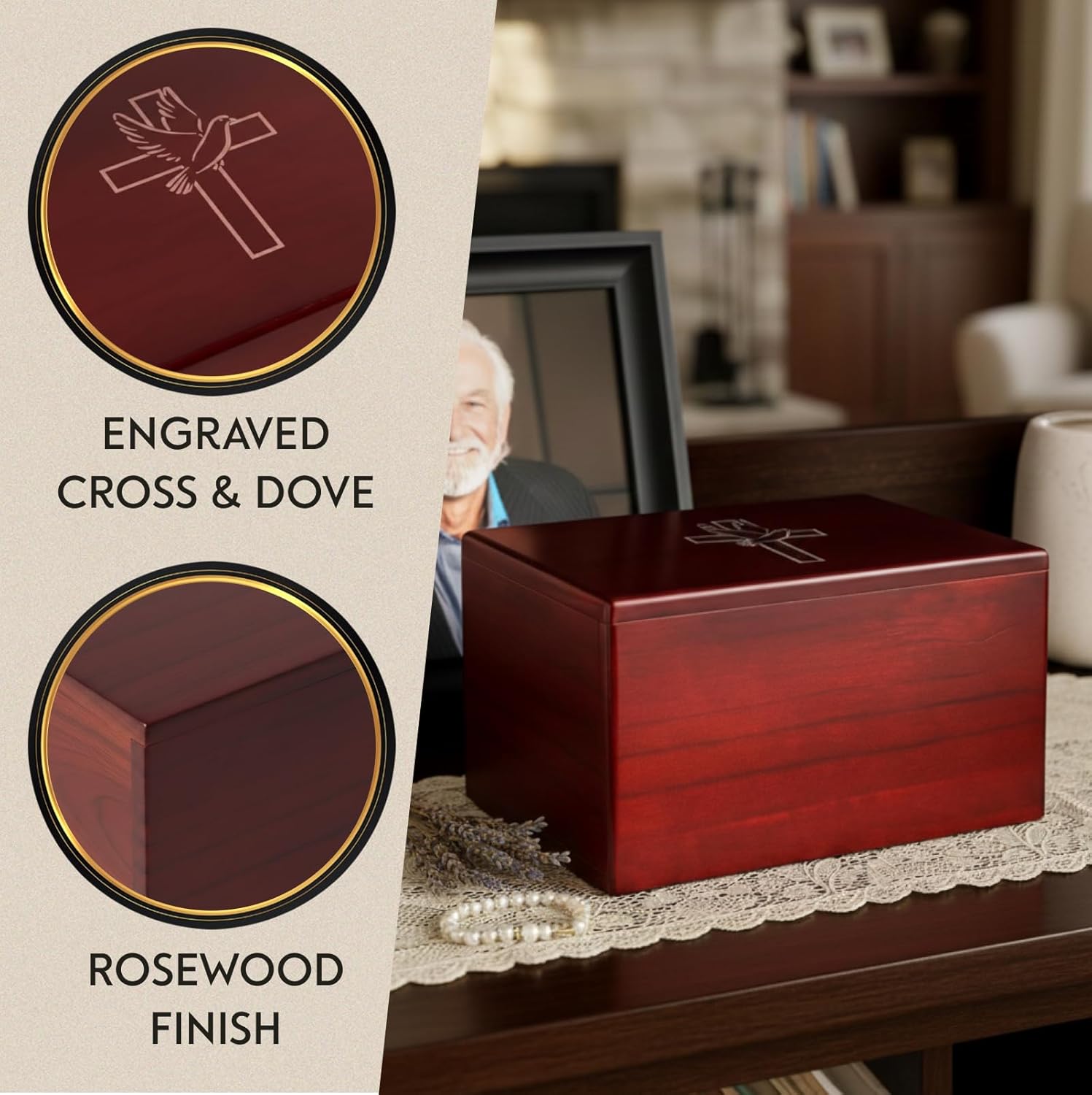 Bey-Berk Deering Moments Engraved Lacquered Rosewood Funeral Cremation Urn for Human Ashes (Cross-Dove, Small)