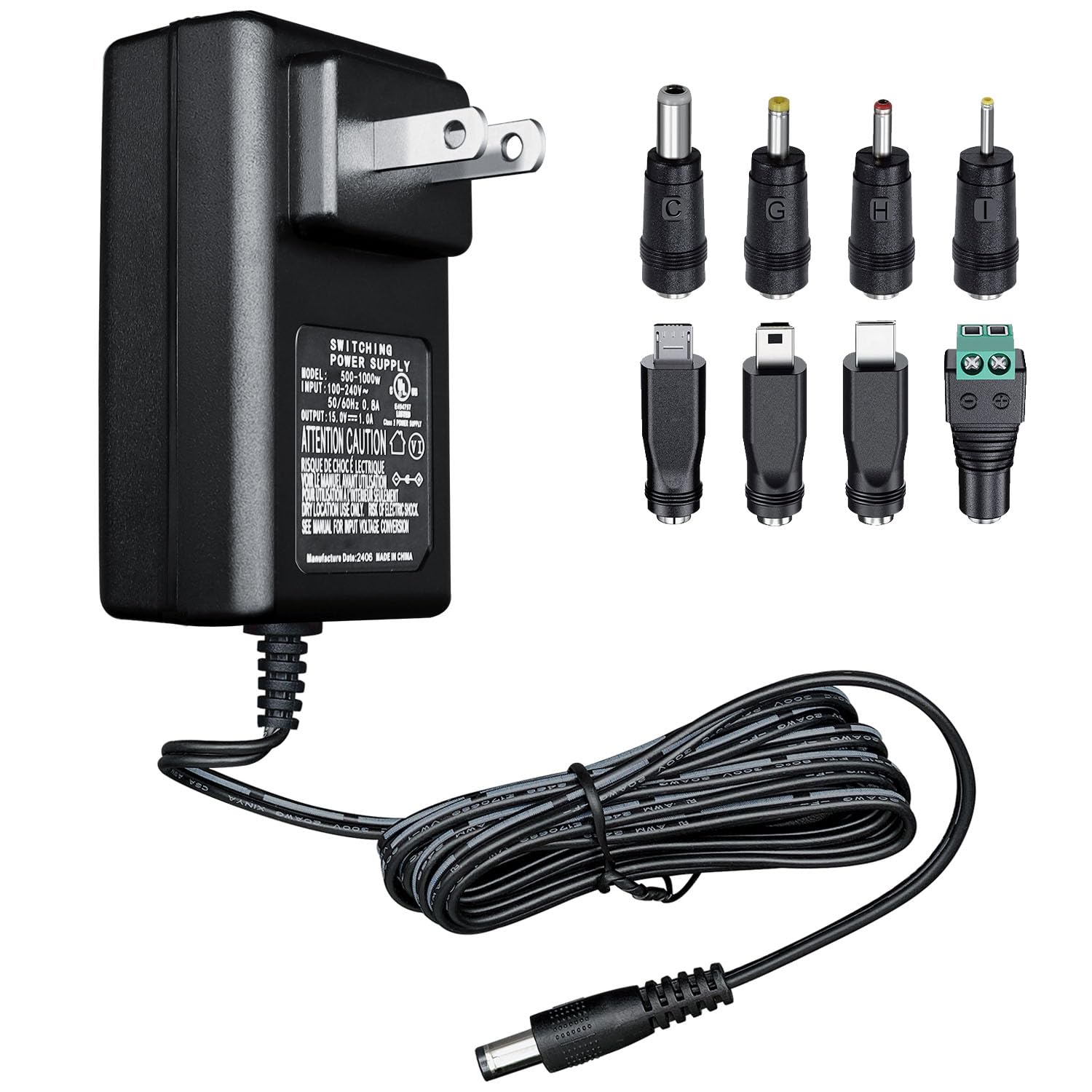 UL Listed 15V 1A 6ft Power Supply Adapter with 8 Tips, 15W 1000mA 500mA AC/DC Switching Power Cord for Litter-Robot, Self Cleaning Cat Litter Box,