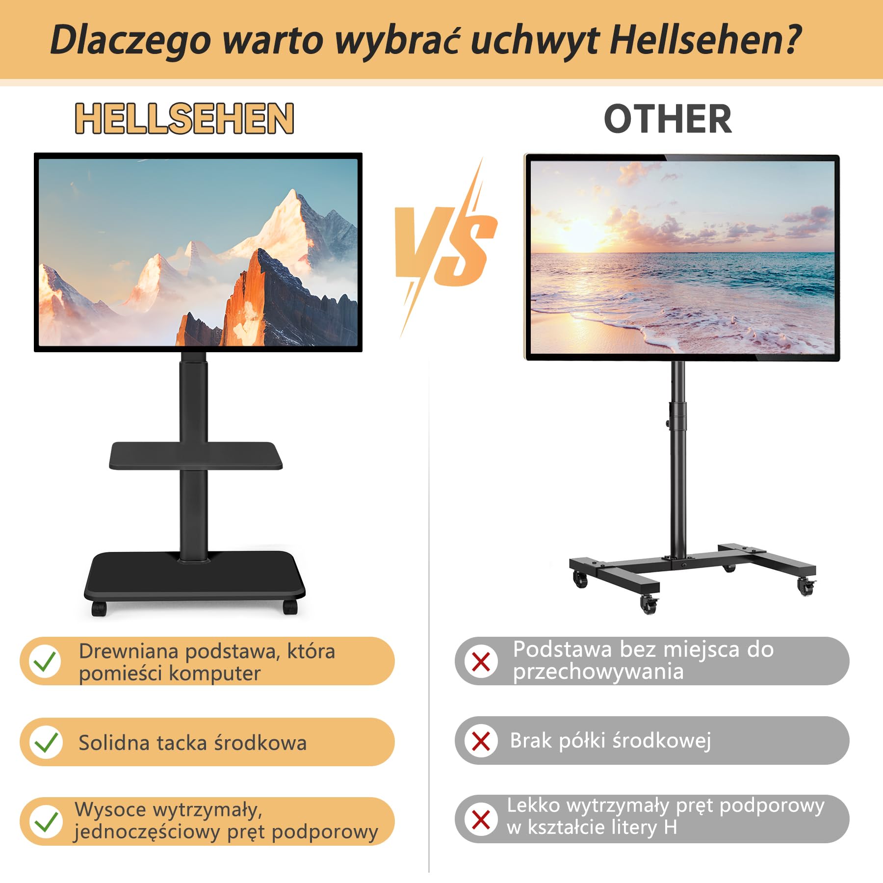 Stojak na kółkach do TV LED OLED o przekątnej 32"-70", płaski, zakrzywiony, do 100Ibs. Regulowana wysokość. Mobilny wózek pod TV z blokowanymi kółkami i półką do sypialni, biura na zewnątrz, czarny