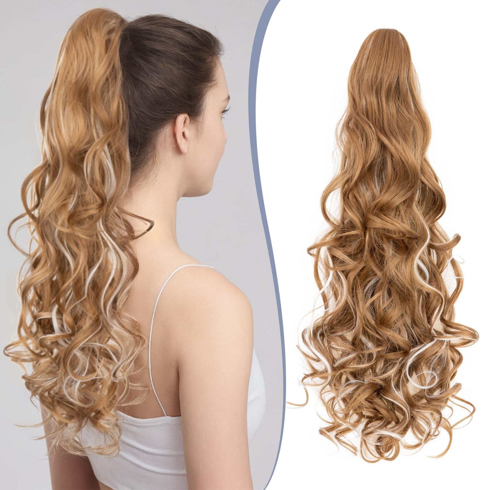 TESS 24'' Curly Ponytail Extensions, 210g Claw in Long Ponytail Extension, Hair Pieces for Women Light Auburn With Beige Highlighted