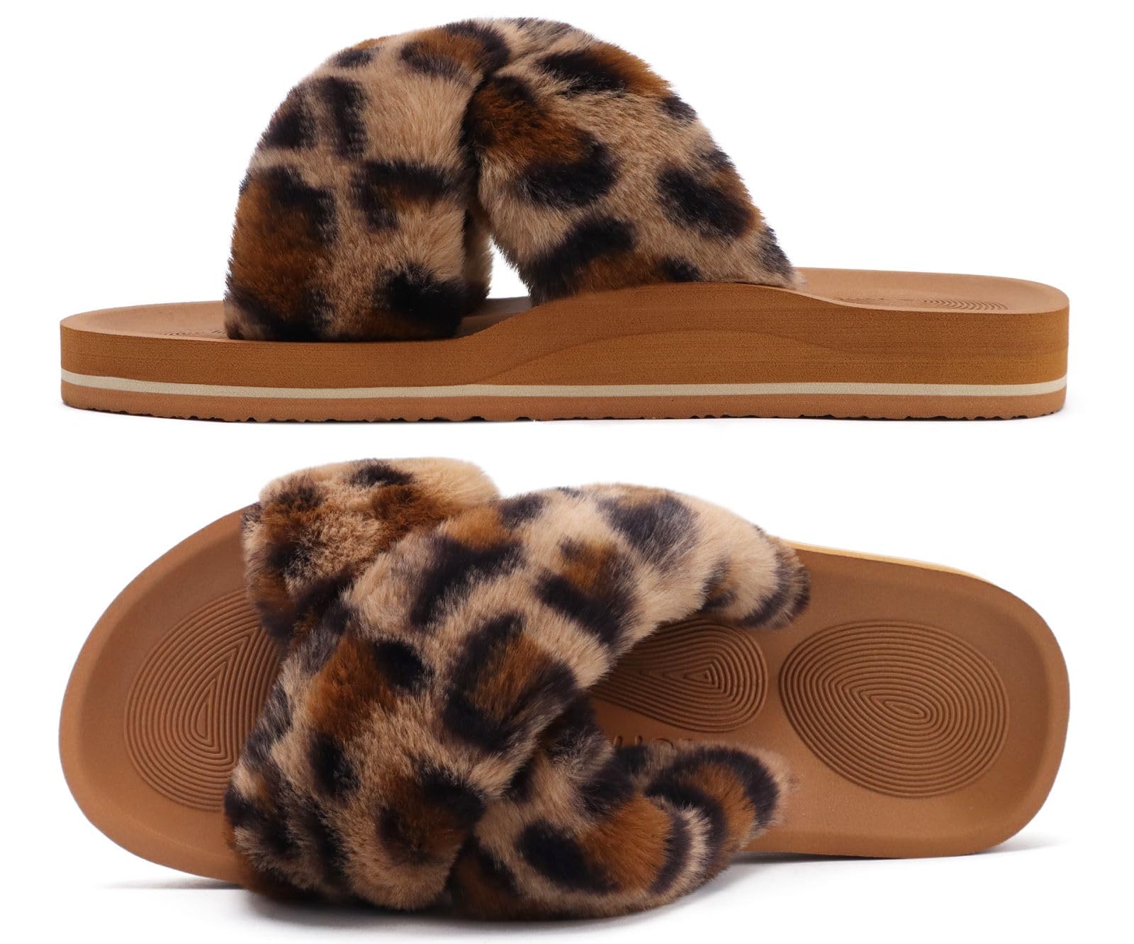 COFACE Womens Fuzzy Slides Fluff Faux Fur Cross Slippers Open Toe Yoga Mat House Slipper Sandals With Arch Support For Indoor/Outdoor