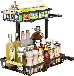 2 Tier Kitchen Shelf, Droplet Rack with Wooden Handle, Black, Adjustable Height (Black, 1 Pack)