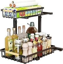 Under Storage Metal Sink Organizer Kitchen 2 Tier with Wooden Handle Removable Drawers with Adjustable Height Storage Rack for Kitchen, Bathroom (Black, 1 Pack)