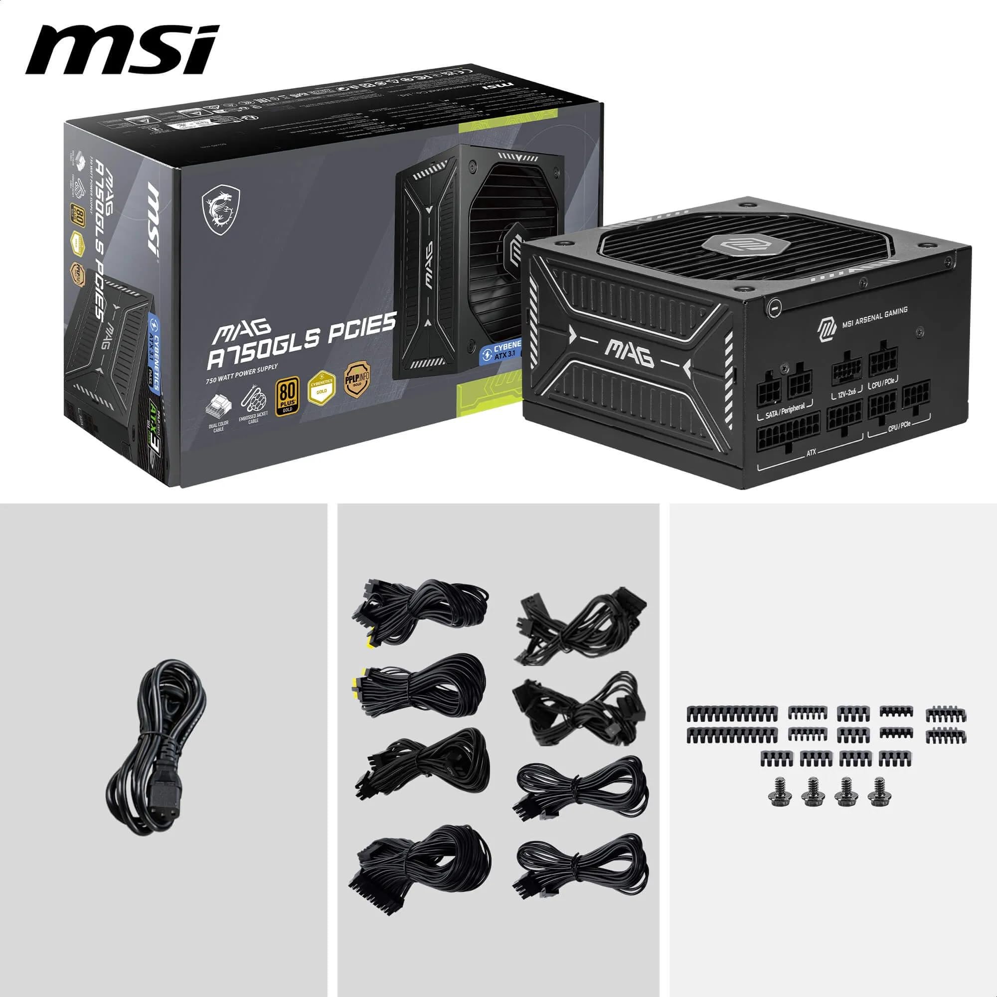 MSI mag A750GLS PCIe 5 – Fuente de Alimentación 750W 80 Plus Gold, Compatible con NVIDIA RTX Series, Conector 12VHPWR, Full Modular, Ventilador Silencioso – PSU Gaming