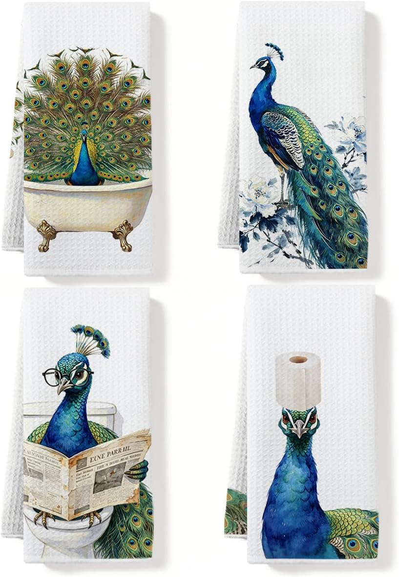 4 Pcs Funny Peacock Hand Towels Elegant Peacock Kitchen Bathroom Decor Bird Lover Gifts Waffle Absorbent Decorative Hand Towels for Farmhouse Bath Room Washroom Housewarming Gifts, 14x24 Inches