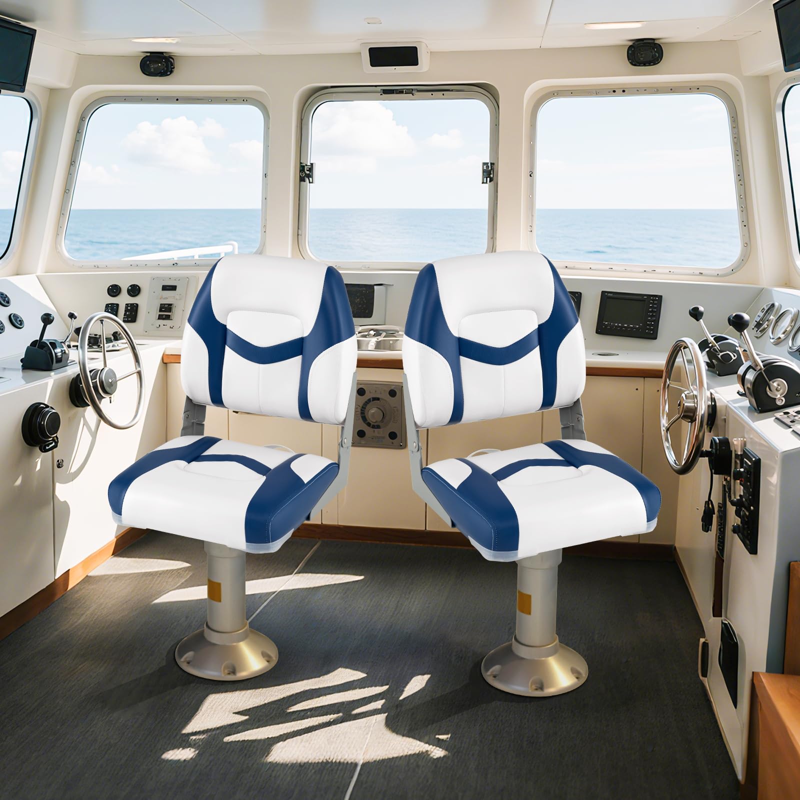 COSTWAY Juego de 2 Asientos de Barco Plegable, Sillas de Barco Plegables con Respaldo, Asientos de Cabina de Cuero PVC Impermeable con Espuma Gruesa, Silla para Pesca, Barco de Turismo, Velero