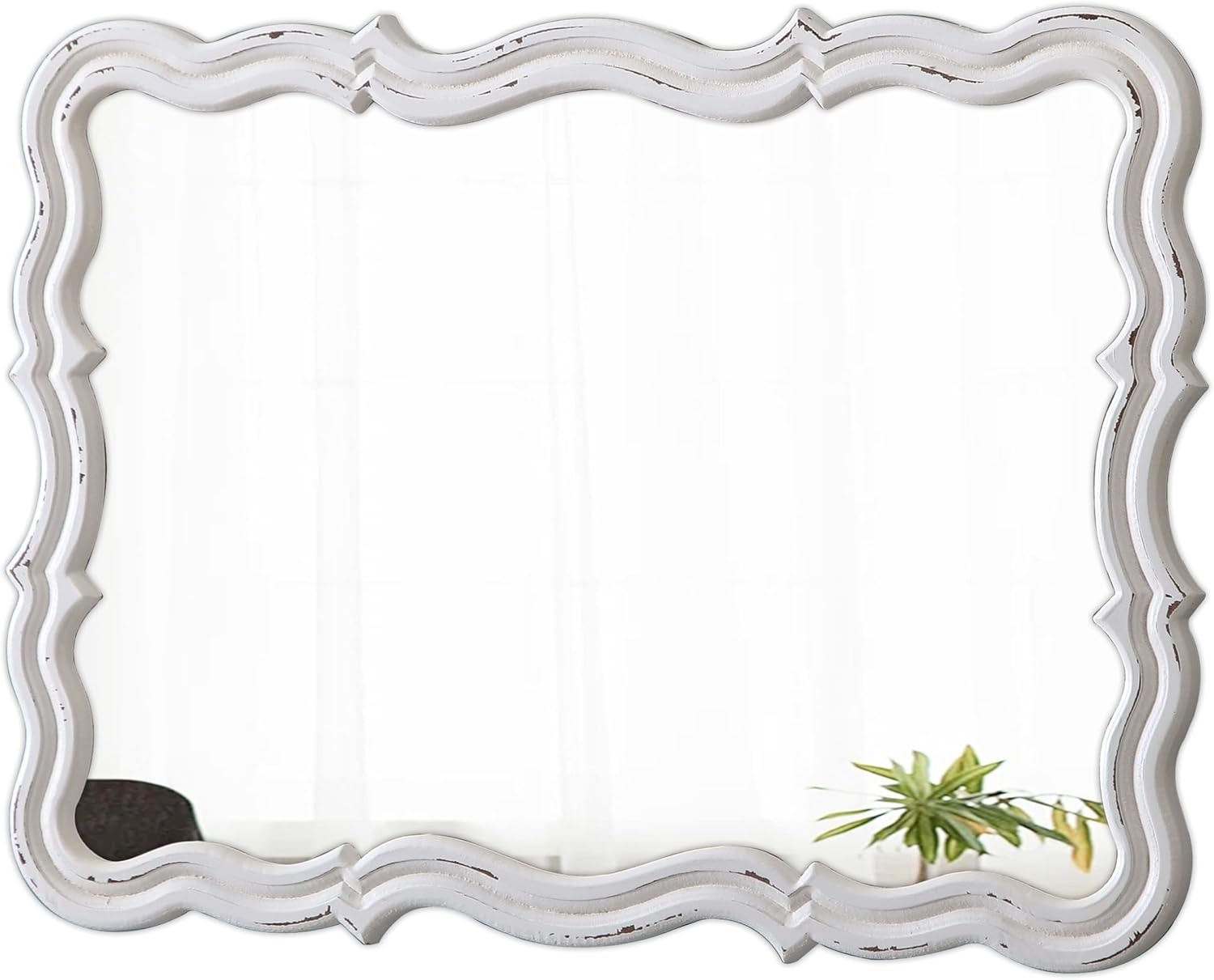 Rustic Scalloped Wall Mirror Decorative 24 X 18 Inch, Hanging Distressed White Wavy Wooden Frame Farmhouse Rectangular Mirrors for Wall Decor Living Room Bathroom, Horizontal or Vertical