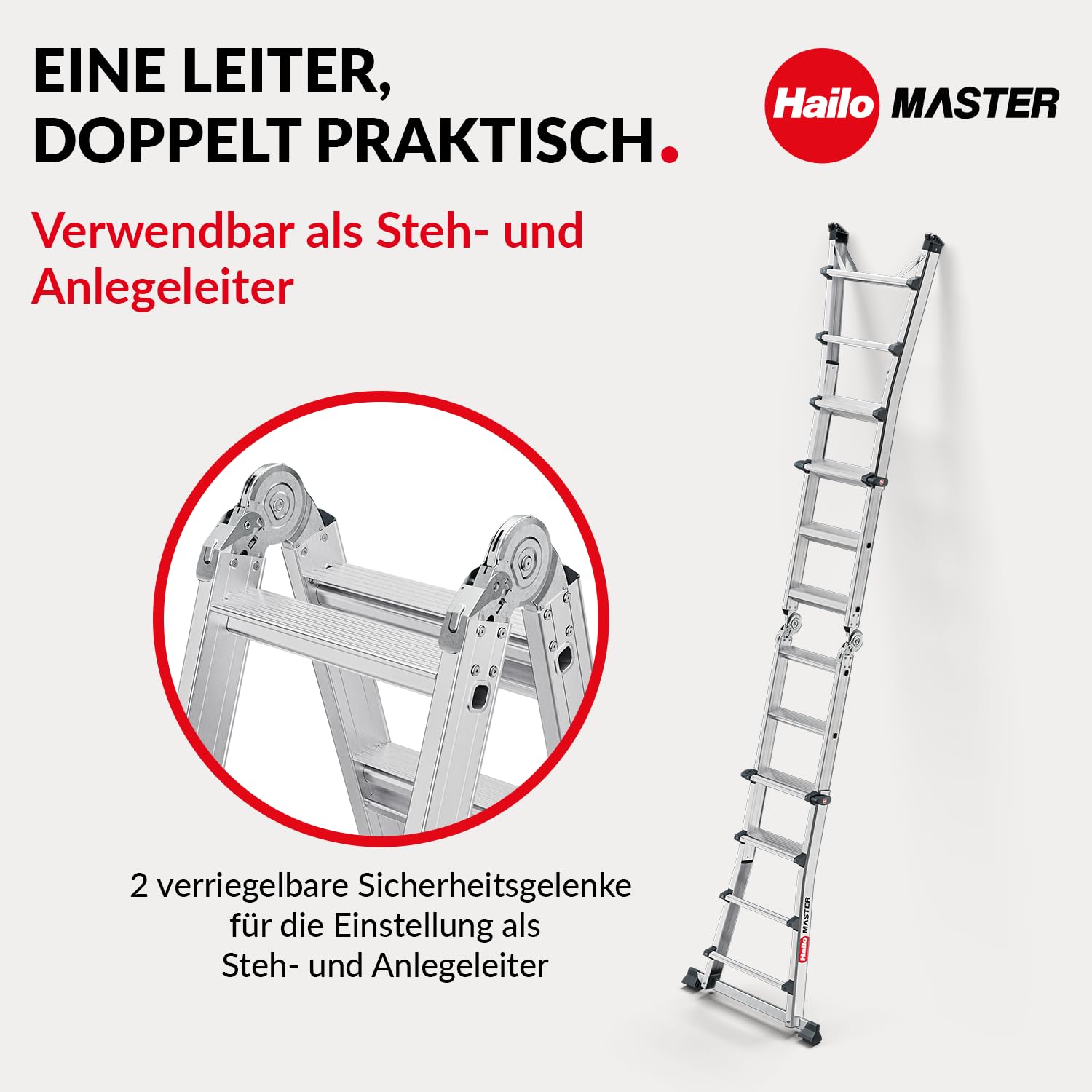Hailo Master M100 Alu-Multifunktionsleiter 4x4 Stufen bis 150 kg, Silber | Verwendbar als Anlege-, Schiebe- und Stehleiter, Stufen im Arbeitsbereich für sicheren Stand