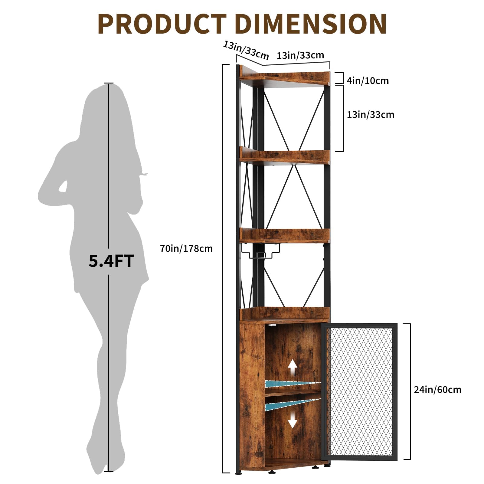 Garvee Eckregal Stehend Holz 178 cm, 5 Ebenen Eckschrank Schmal mit Weinflaschenhalter & Weinglasständer, Standregal mit X-förmigem Schutznetz, Weinschrank Barschrank für Wohnzimmer Küche, Braun