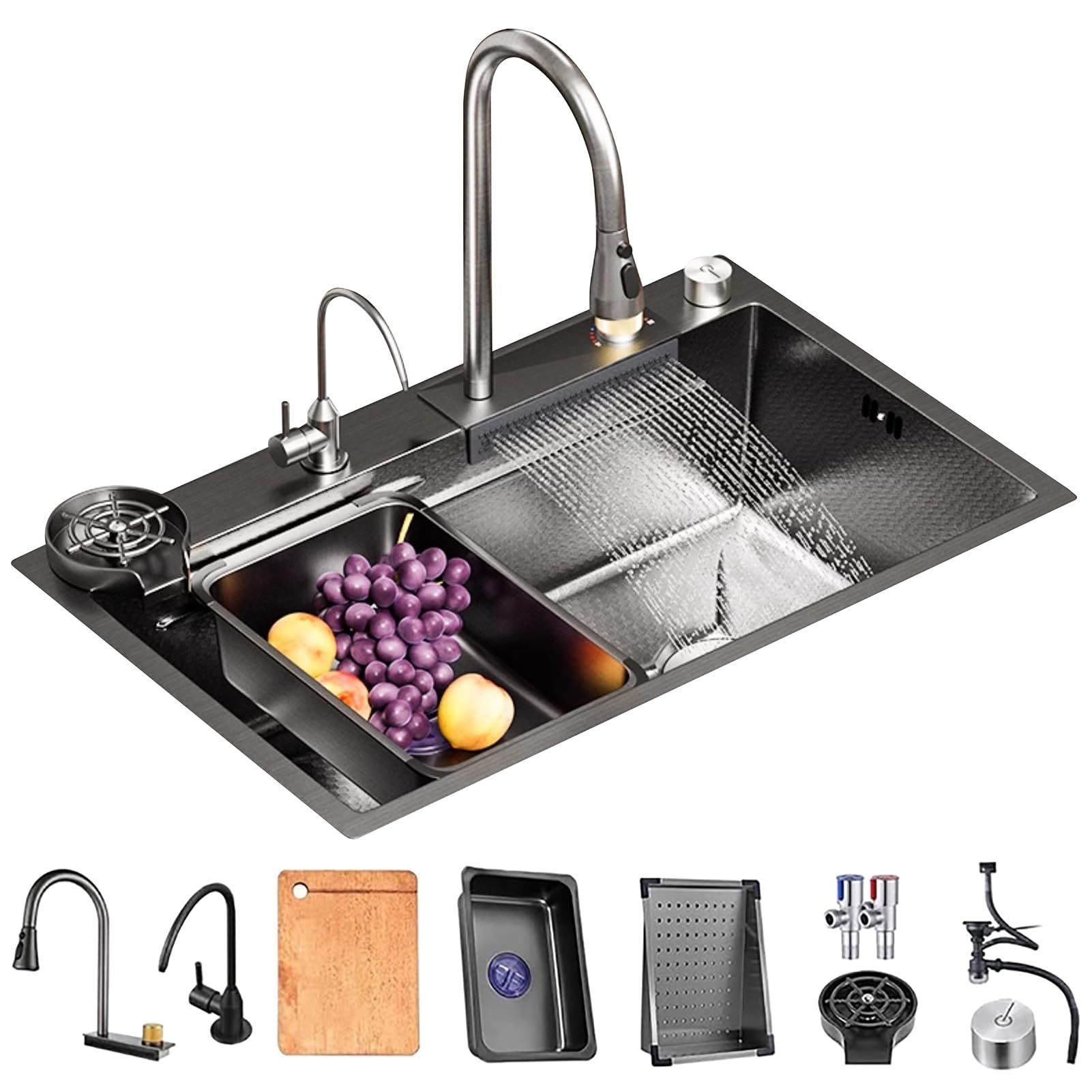 Évier cascade noir 85 cm évier simple sous plan pour grande cuisine
