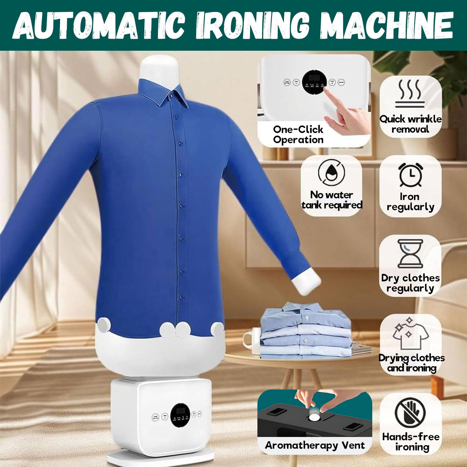 Stirapatrice Automatica a Mani libere con Asciugatura ad Aria Calda Rapida, rimozione efficiente delle Rughe per Camicie e Pantaloni, Ideale per Uso Domestico e Ufficio, Potenza 1400W