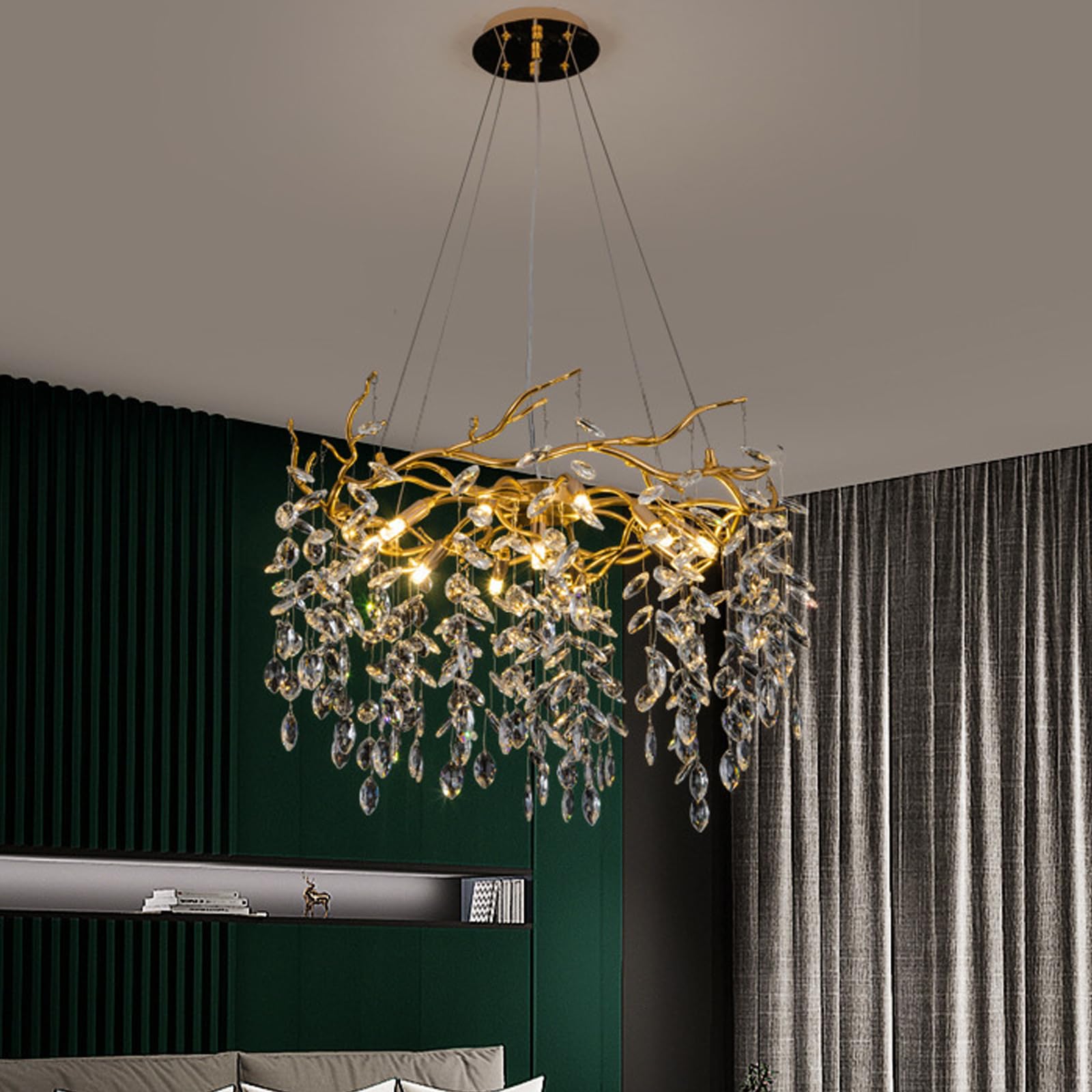 SYAXVOM Modern Crystal Chandelier Gold Tree Branch Ceiling ht Fixtures, G9 Three-Colour LED Pendant for Living Room, Dining Bedroom, Kitchen, HallwayGold,D80CM