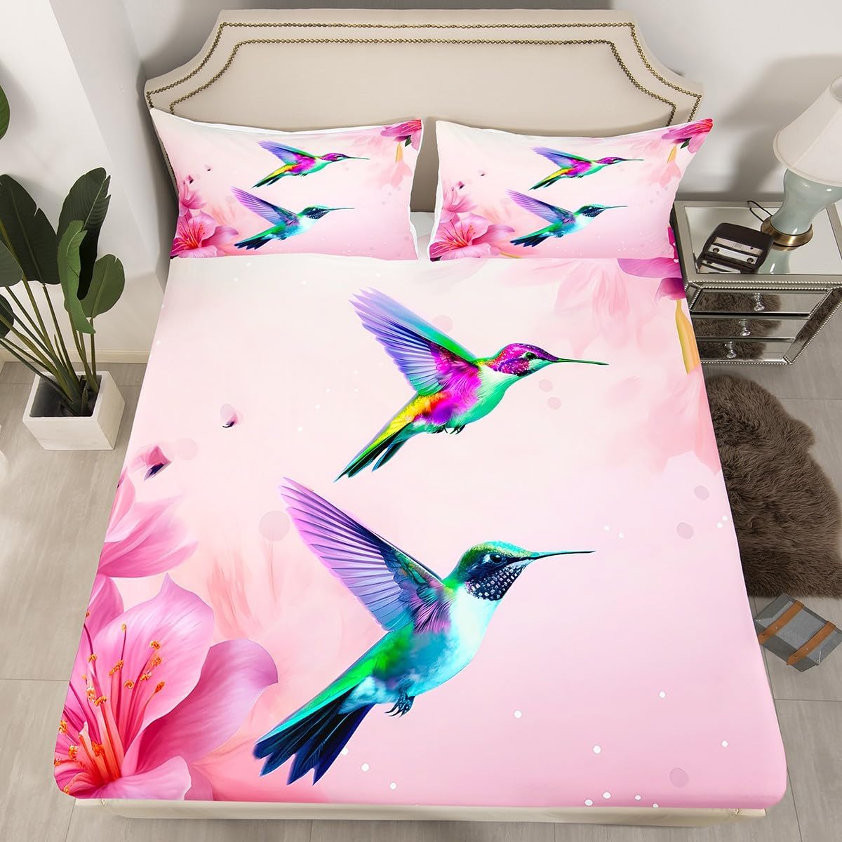 Hummingbird Fitted Sheet Tree Branches Bed Sheet Set for Kids Boys Girls Teens Cute Tropical Birds Bedding Set Farmhouse Garden Breathable Bed Cover No Flat Sheet Gorgeous Room Decor Twin Size 2Pcs