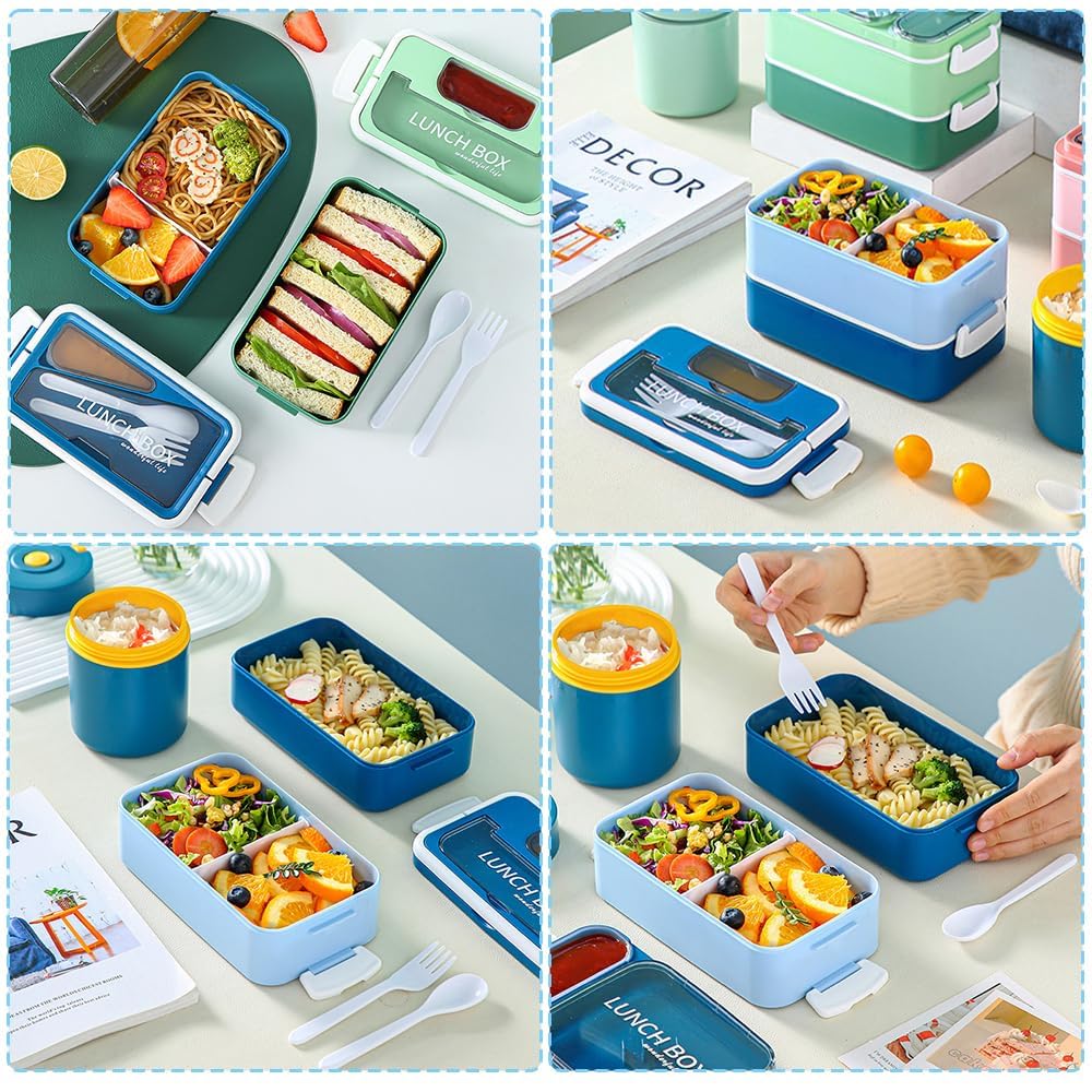 Porta Pranzo Kit, 1600 ml 2 Strati Lunch Box Ermetica con Borsa Termica e Posate, Portapranzo per Microonde e Lavastoviglie,Schiscetta Pranzo, Bento Box per Adulti Lavoro Picnic Ufficio (Blu)