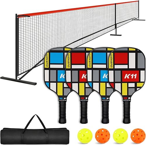 Juego de pickleball con red y paletas, juego de 4 jugadores, paletas de madera multicolor, red portátil de 22 pies, 4 bolas, juego de 4 paletas de