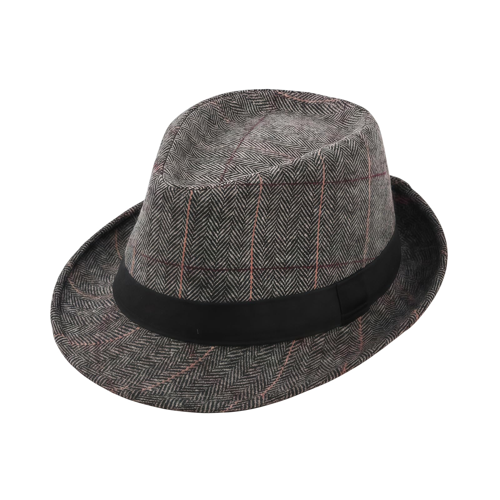 Upstore Men's Grey Classic Plaid Fedora Hat, Manhattan Structured Gangster Trilby, Cuban Style Derby Jazz Cap