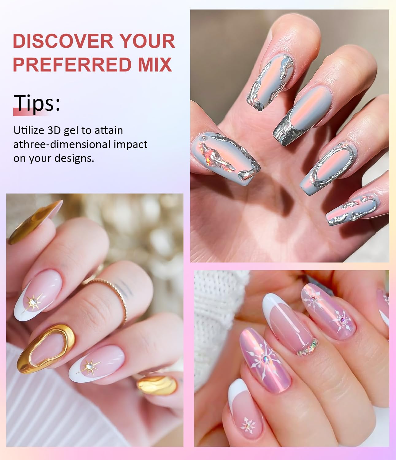 BISHENGYF Multifunctional 3d Nail Gel:Iridescent Metallic Effect Green Laser Nail Chrome Powders And 15g Rhinestone No Wipe 3d Gel,6pcs Pink Chrome Nail Powder For Nail Decoration Manicure (Silver) - Image 3