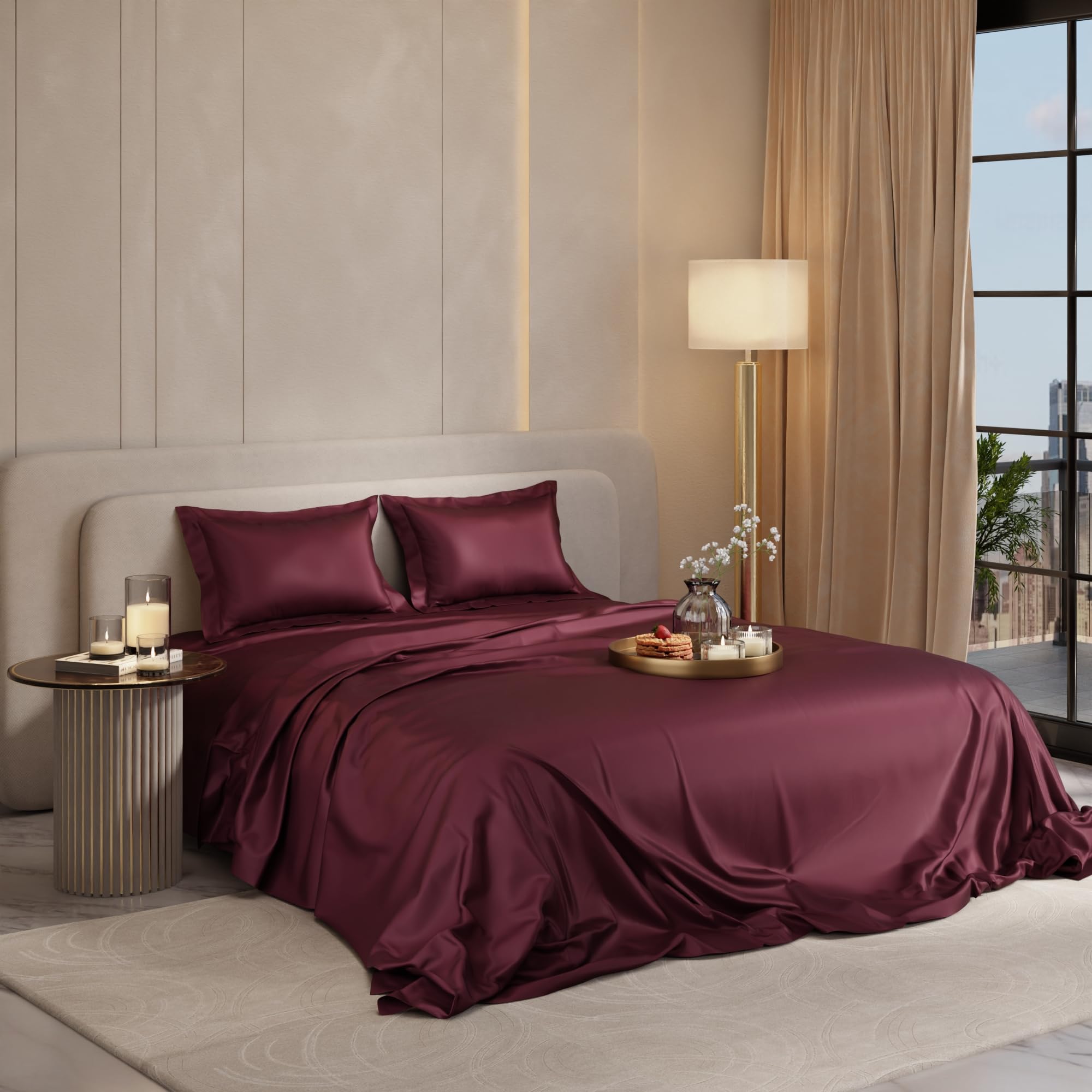 - Stoa Paris Satin Bedsheet King Size with 2 Pillow Covers, 300TC Premium Bedsheets King Size, Home Decor, Ultimate Comfort, 274 cm x 228 cm, Date Night - Velvet Wine