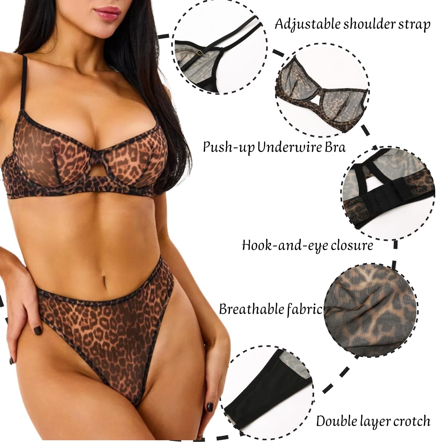 Conjunto de lencería Transparente con Estampado de Leopardo Conjunto de Ropa Interior de Leopardo de Malla Ultrafina Conjunto de Sujetador y Braguitas con Aros Babydoll de Cintura Alta Conjunto de