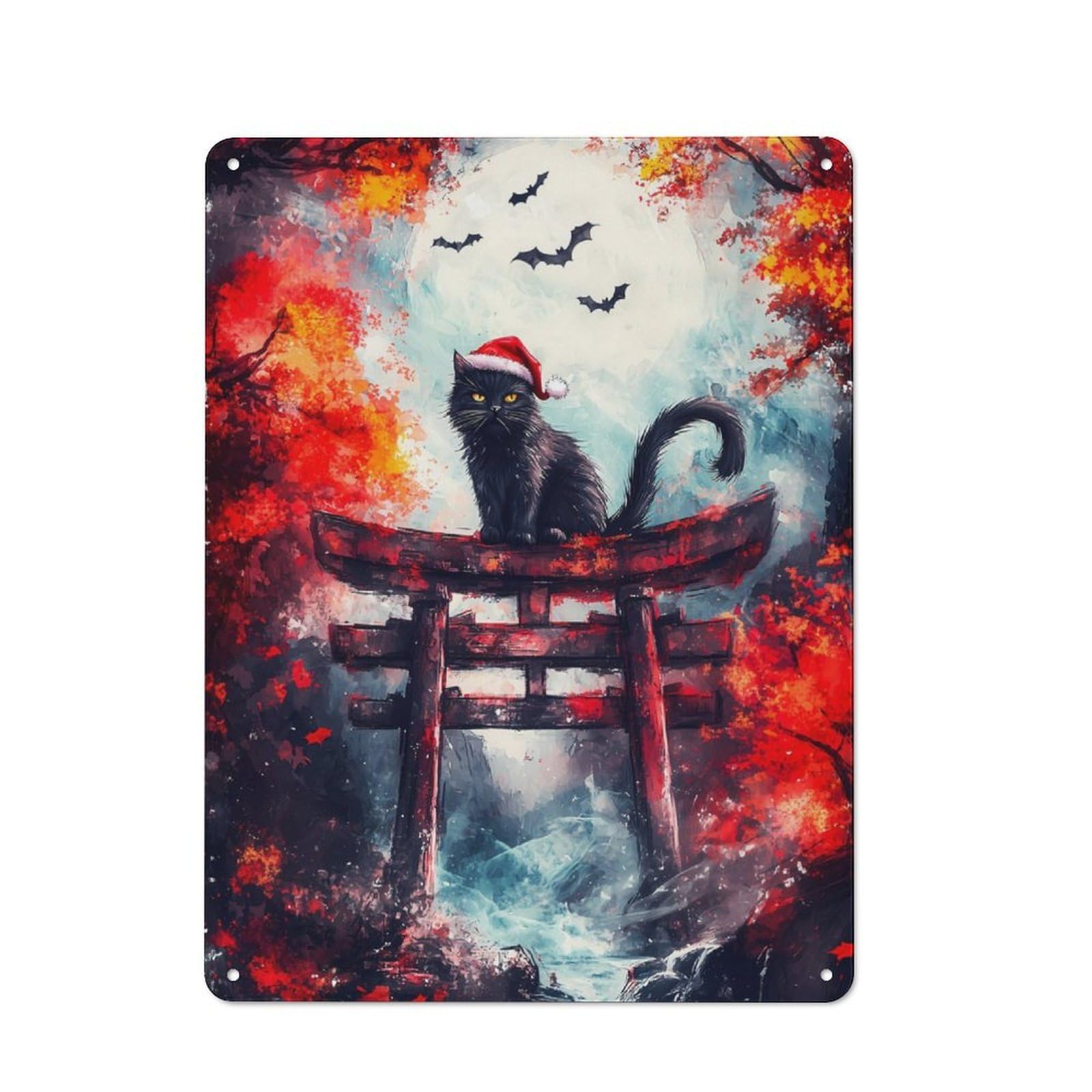 Junmoney Black Cat In Torii Gate Vintage Metal Plaque 40X30cm Featuring For Garage Wall, For People Furnishing A Garage