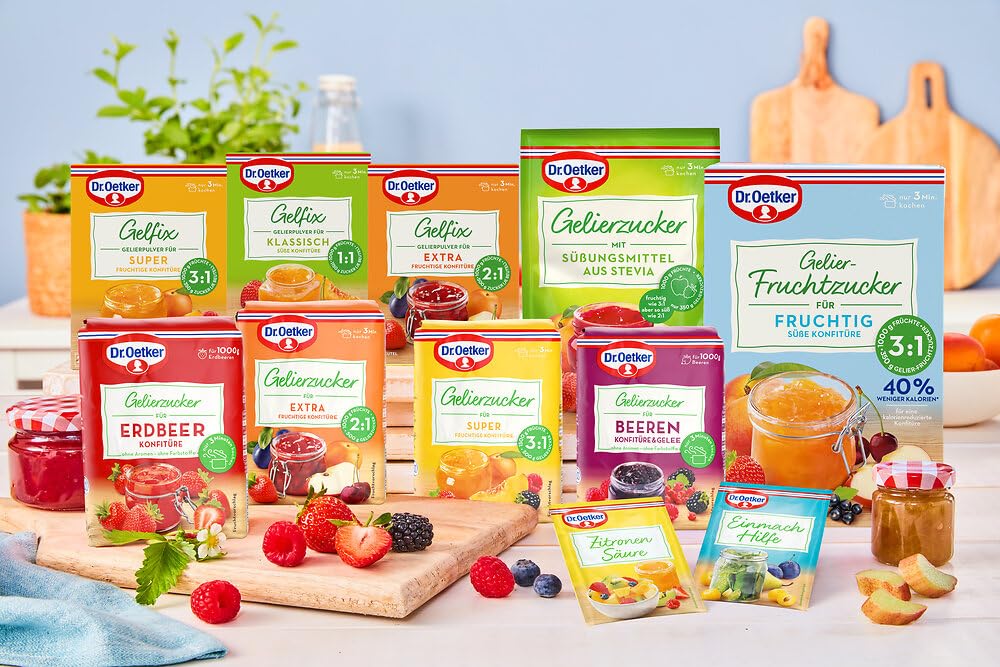 Dr. Oetker Gelier-Fruchtzucker, 6 x 350 g, Gelier-Fruchtzucker mit Zucker und Süßungsmitteln, zum Selbermachen von Konfitüren, Marmeladen & Gelees, fruchtig süß, 40% weniger Kalorien, vegan