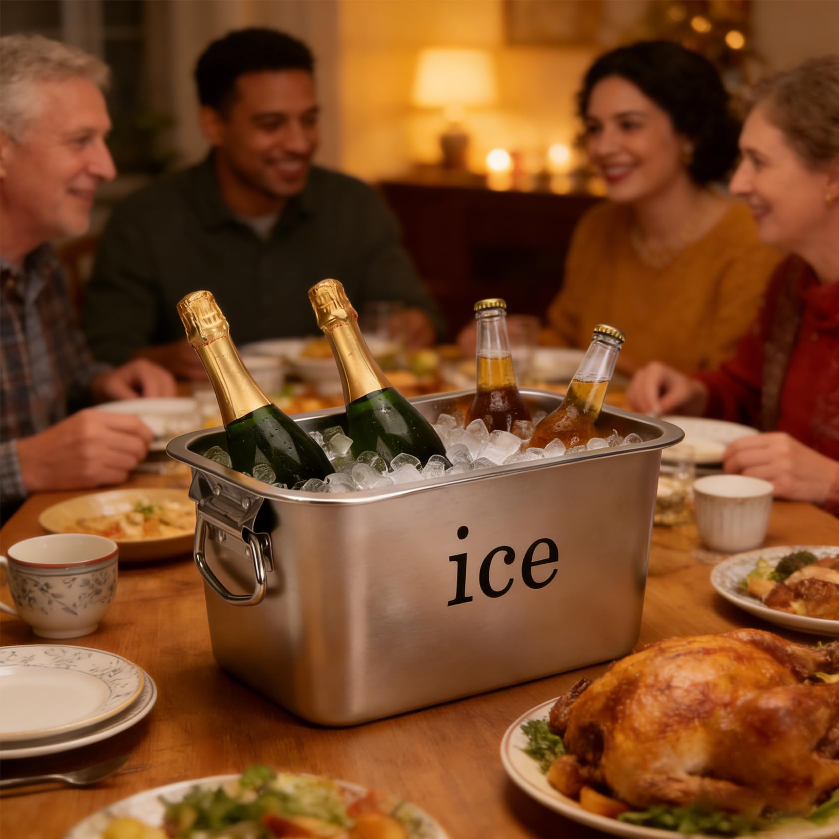 Secchiello per ghiaccio in acciaio inox, 6.8 L, con manico, per bevande, cubetti di ghiaccio, feste, barbecue, bar e casa, grande contenitore per il ghiaccio, champagne e birra, vino e cocktail per