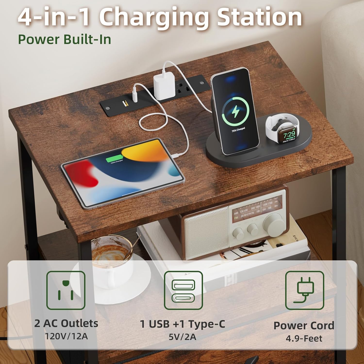 Somdot Tall Nightstand with Charging Station and LED Light for Bedroom, 5 Drawers Dresser with Fabric Bins for Bedside Kids Dorm Room Closet Laundry Entryway, Wood Grain Print - Image 5