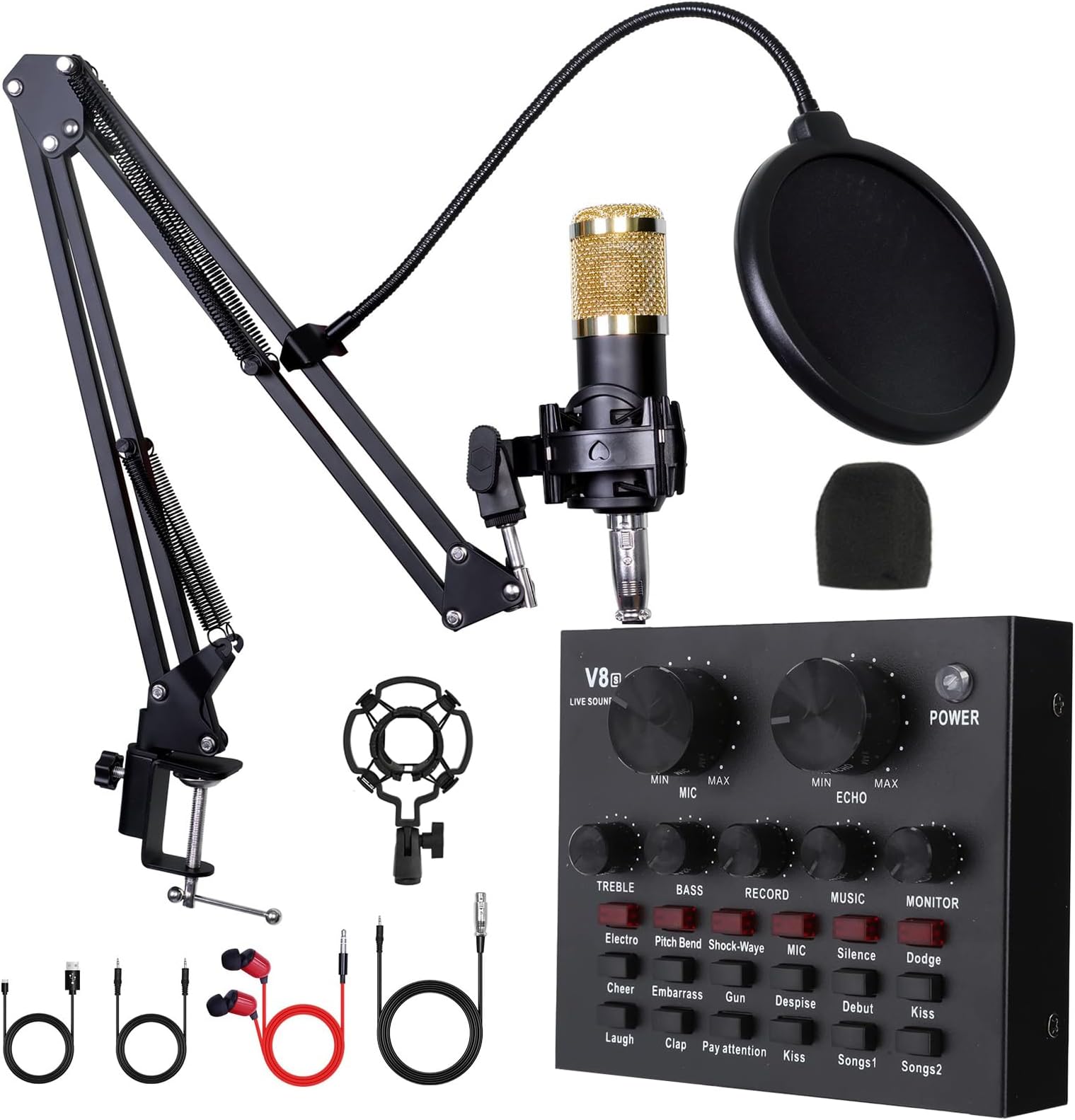 ALSO GO Podcast Equipment Bundle, BM-800 Podcast Microphone with Voice Changer, V8 Live Sound Card, Adjustable Microphone Stand, Recording Studio Package Suitable for Podcasting, Singing, Gaming