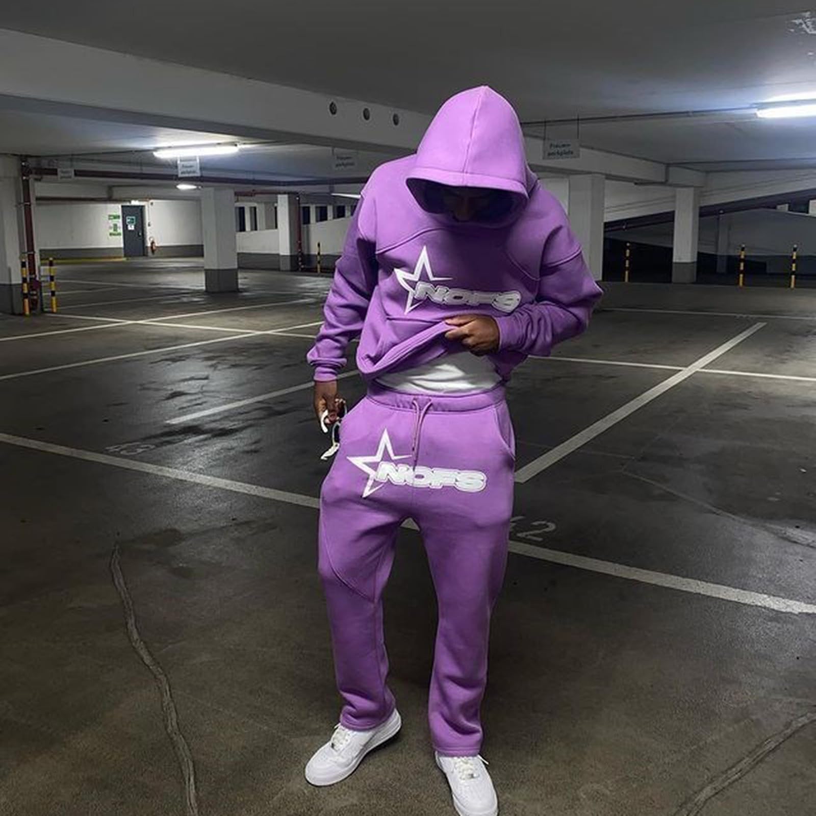 NOFS Męski dres do joggingu, Y2K, bawełna, 2 sztuki, bluza sportowa, bluza z kapturem Y2K + spodnie Nofs, męski dres sportowy, strój streetwear 2024, L