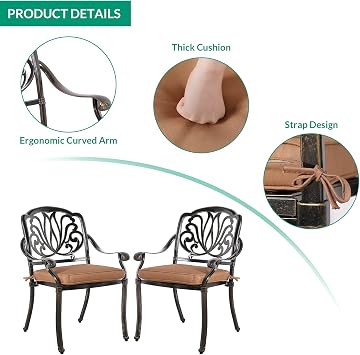2-Piece Outdoor Bistro Dining Cushioned Chairs, All-Weather Cast Aluminum Dining Chair Set, Patio Bistro Chairs for Balcony, Lawn, Garden, Backyard, Antique Bronze