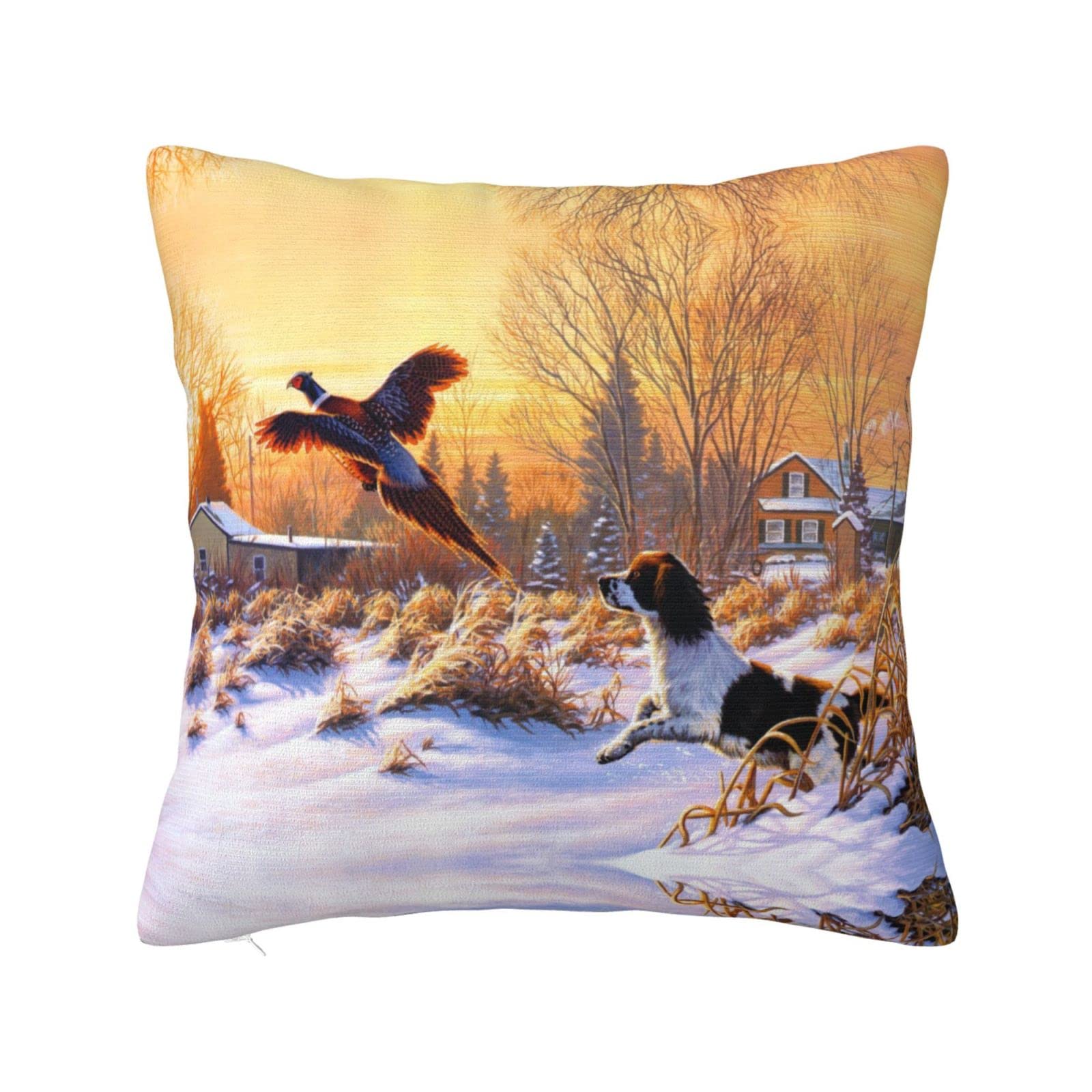 MELPHI Dog Catching Pheasant Print Square Pillow Can Be Used In Any Room-Bedroom, Guest Room, Children'S Room