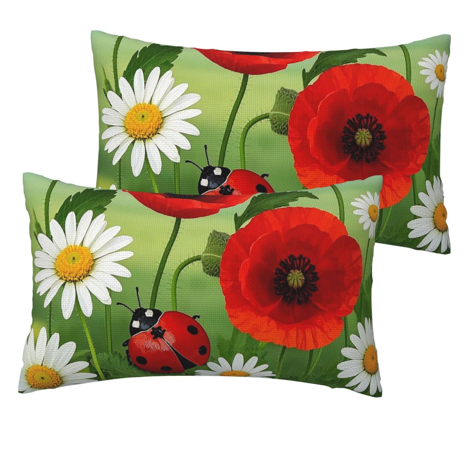 2 Pack Pillow Cases with Hidden Zipper, Soft Breathable Decorative Pillow Covers for Hair and Skin, Chamomile Ladybug and Daisy Pillowcases 12"x20" Bed Pillow Protectors Cover for Sleeping Gifts