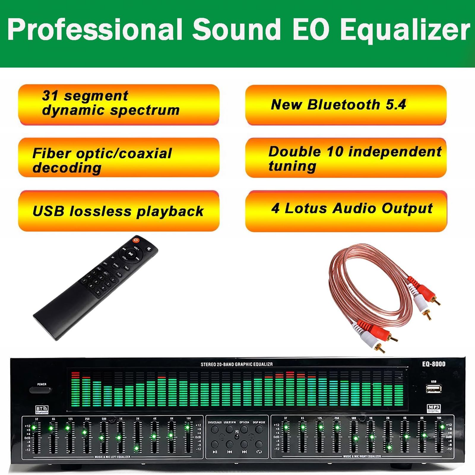 Equalizzatore audio digitale, equalizzatore grafico a 31 bande, analizzatore di spettro LED, 12 modelli di ritmo per auto, feste, camera da letto, miglioramento audio domestico