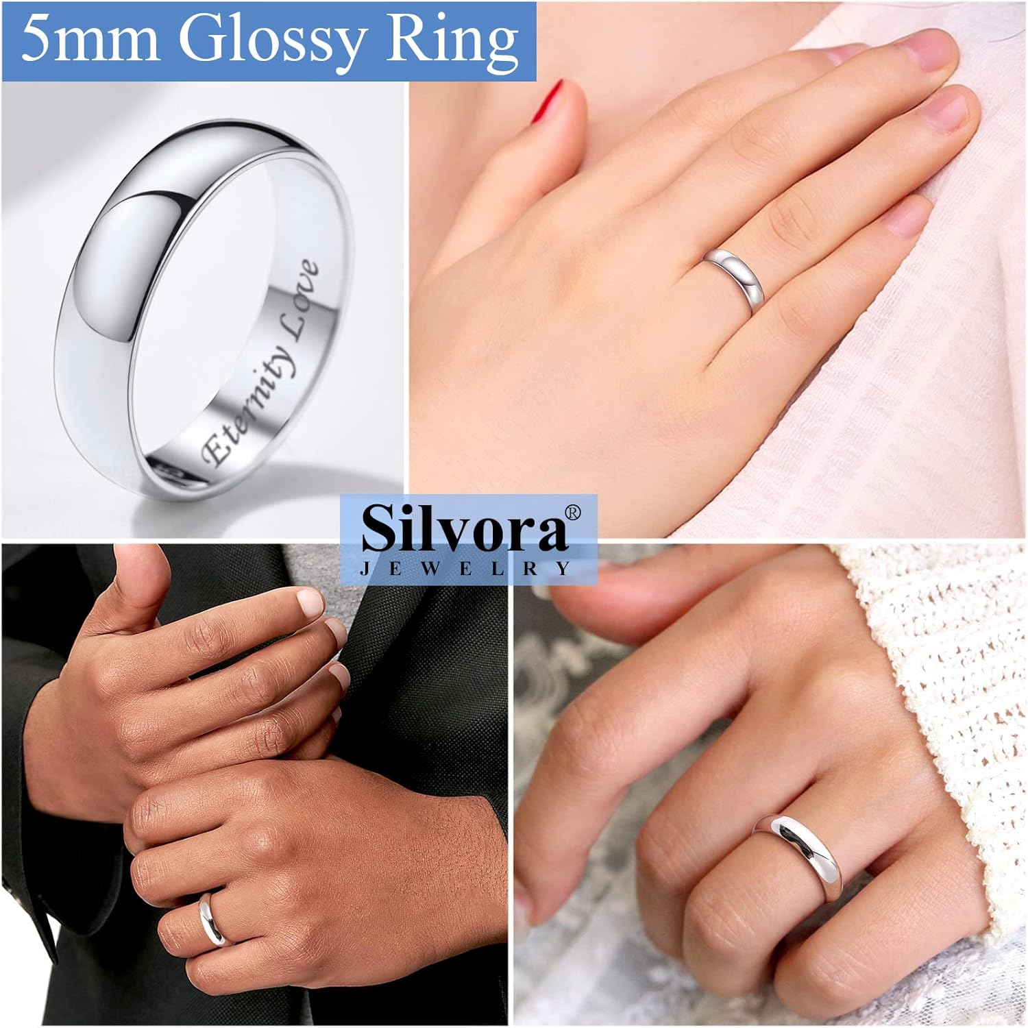 Silvora Sterling Silver Polished Band Rings, 2mm/3mm/5mm Rose Gold Eternity Wedding Engagement Bands for Women Men Size 4-12