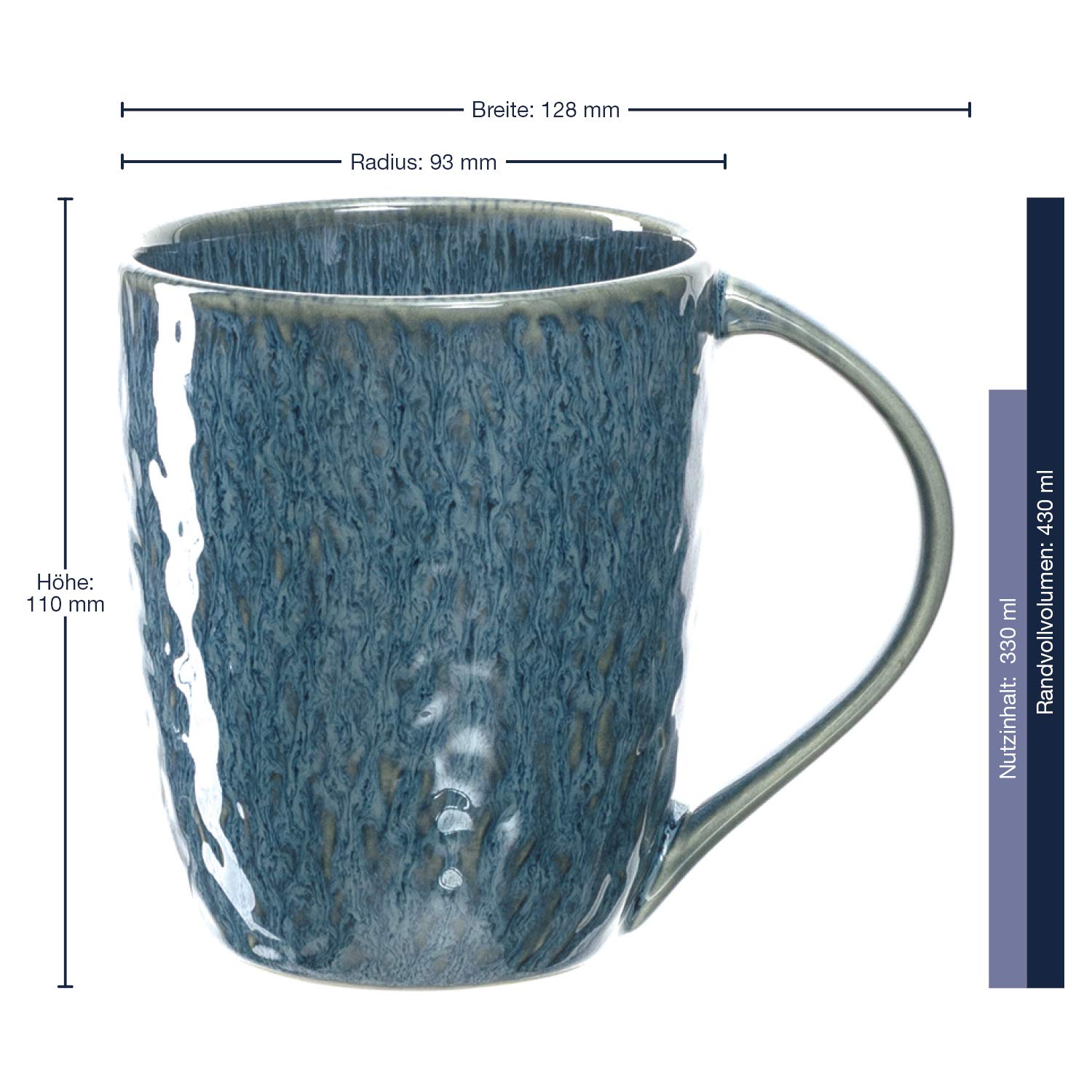 Leonardo Matera 018548 - Set di 6 tazze da caffè in ceramica, lavabili in lavastoviglie, 6 tazze da tè resistenti al microonde, 430 ml, colore: Blu