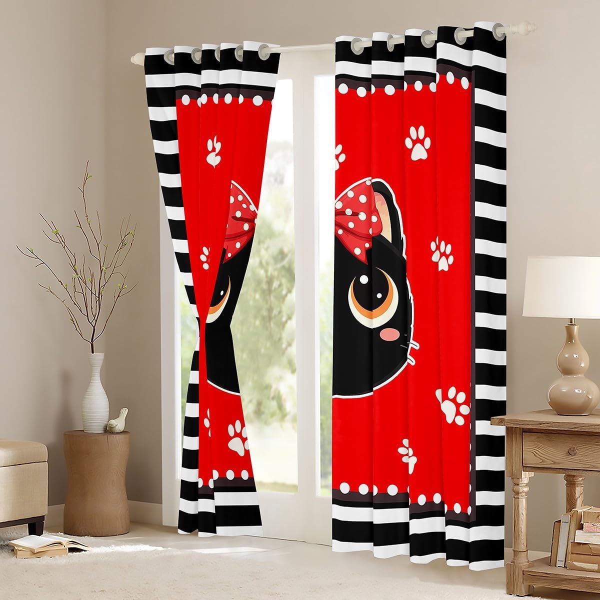 Castle Fairy Cute Cat Window Curtains,Lovely Red Bowknot Animal Paw Print Window Treatments for Kitchen,Black White Stripes Dots Polyetser Window Drapes, 2 Panels, 52Wx84L inch