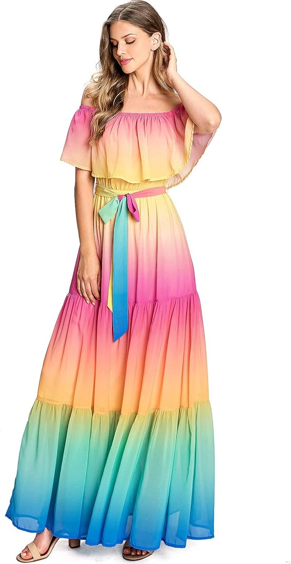 Buy Jealous Tomato Women's Juniors Off Shoulder Chiffon Floral Maxi Dress,  Pink Sunrise, Small at Amazon.in