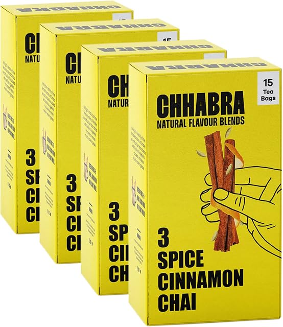 Chhabra Chai | 4-Pack 3 Spice Cinnamon Chai | Award-Winning Blend | Cinnamon, Cardamom & Orange Peel | Vegan, Fair Trade, Sugar-Free | Indian Assam Black Tea | 60 Premium Tea Bags