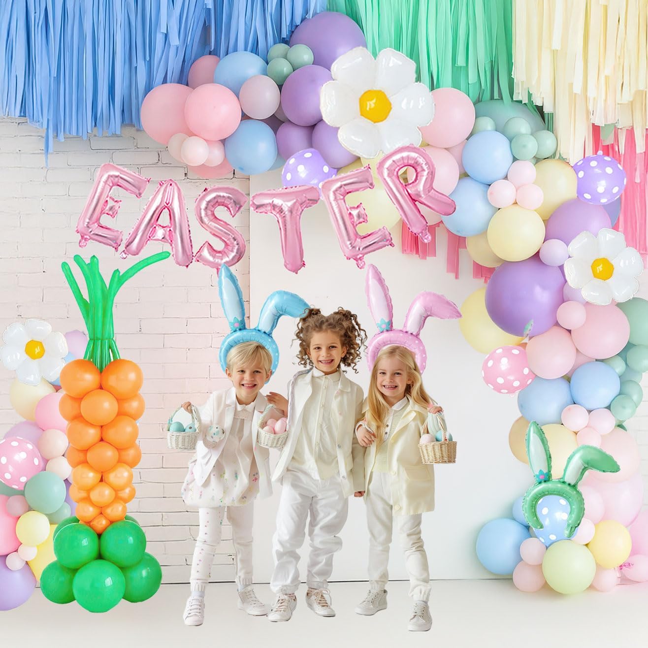 Easter balloon garland arch kit with polka dot Easter daisy bunny carrot head hoop Pastel letter foil balloons for spring big resurrection day he is risen birthday baby shower party decorations