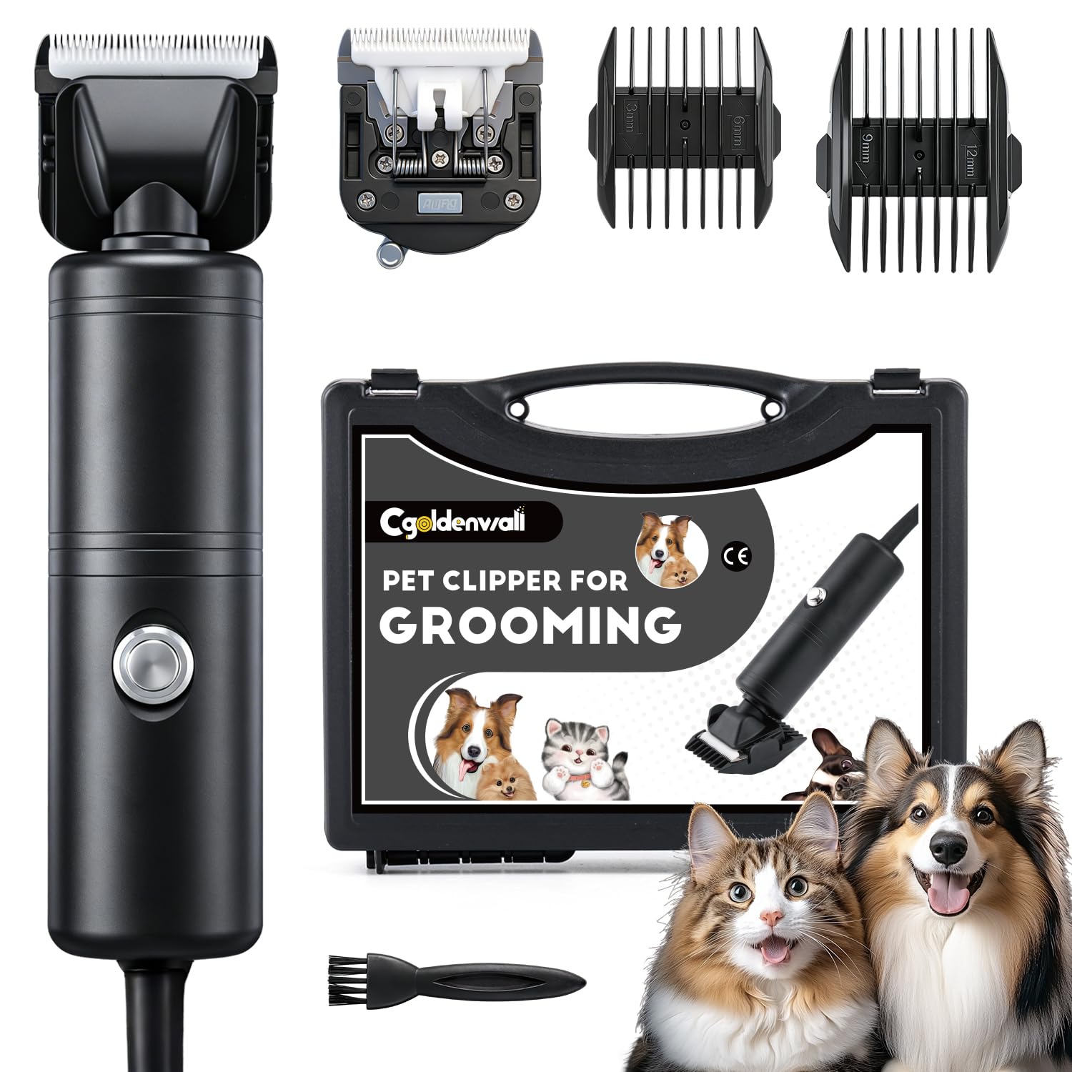 CGOLDENWALL 300W Profesional Cortapelos para Perros, Velocidad Sin Etapas 2000-6000RPM, <50dB Ruido Bajo, Cable 3m, 2 Hojas Removibles, 2 Peines (3/6mm,9/12mm) para Perros, Gatos & Todo Pelaje (Negro)