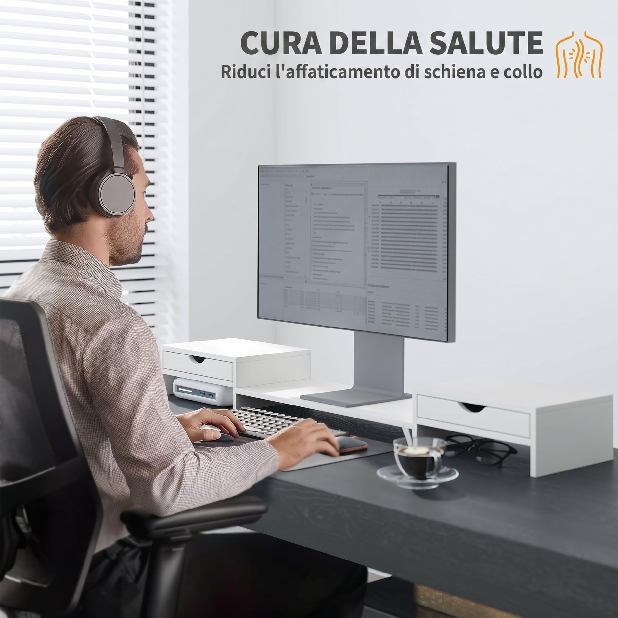 HOMCOM Supporto per Monitor da Scrivania Regolabile 60-116x22x12 cm Bianco